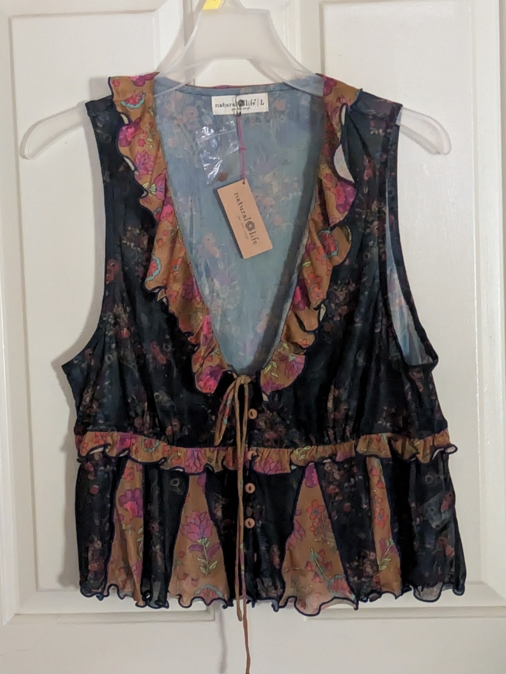 NATURAL LIFE Black Sheer Floral Ruffle Camisole